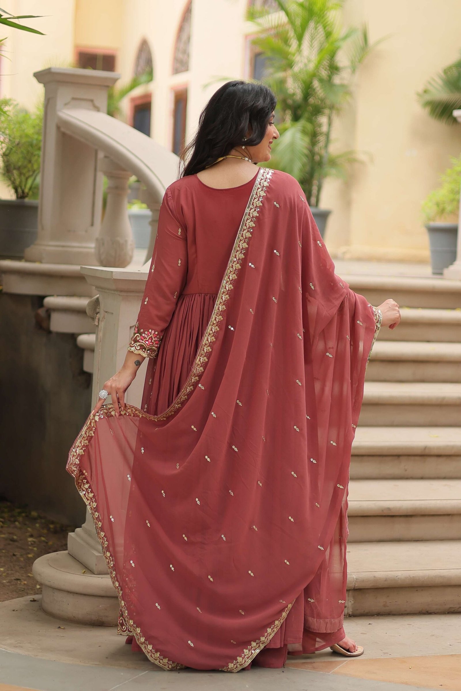 Coffee Faux Georgette Sequins Embroidered Kurti with Sharara & Dupatta Set