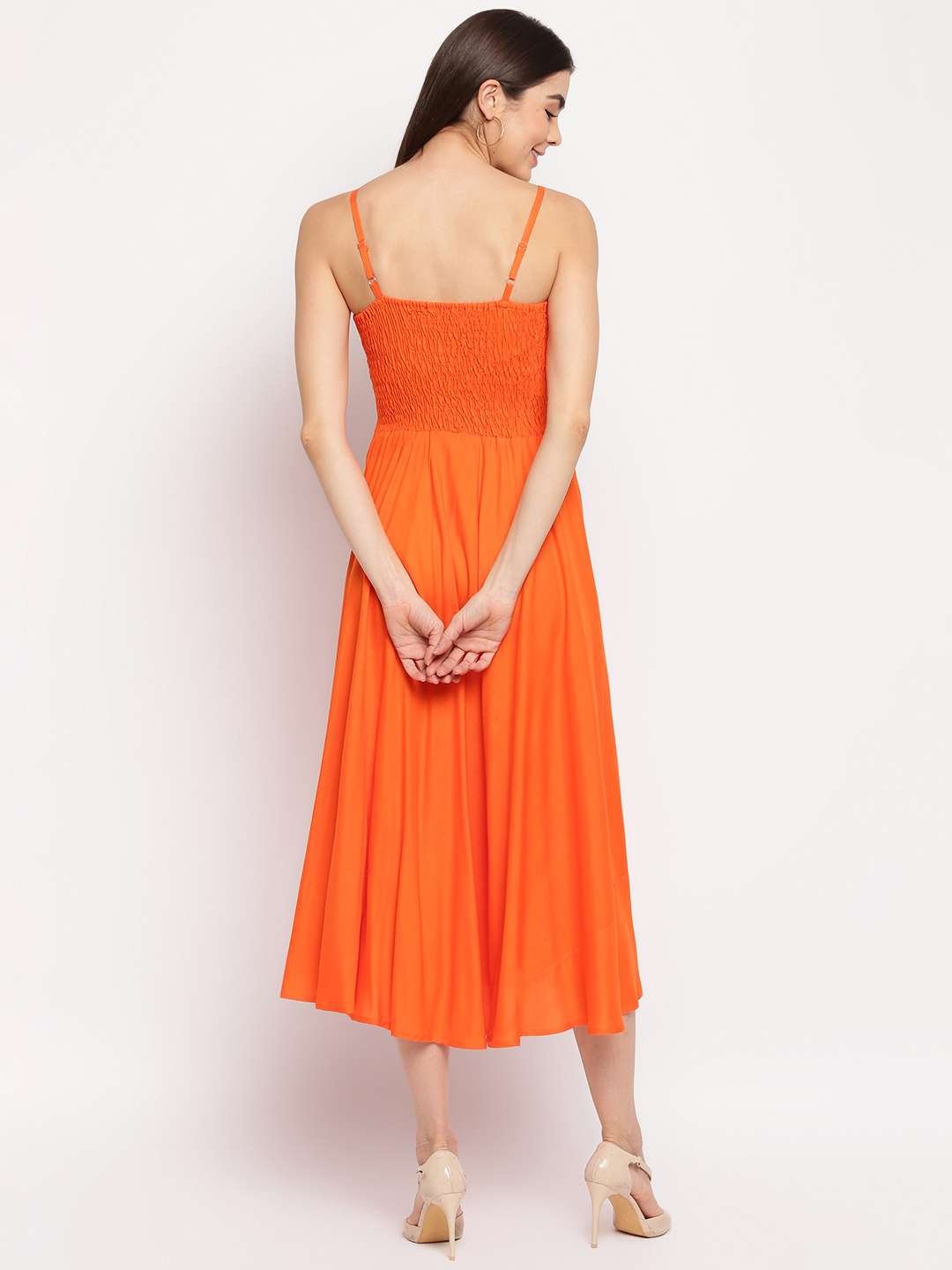 Women's Viscose Rayon Solid Shoulder Straps Sleeveless Flared Gown Drees (Orange) - Image 2