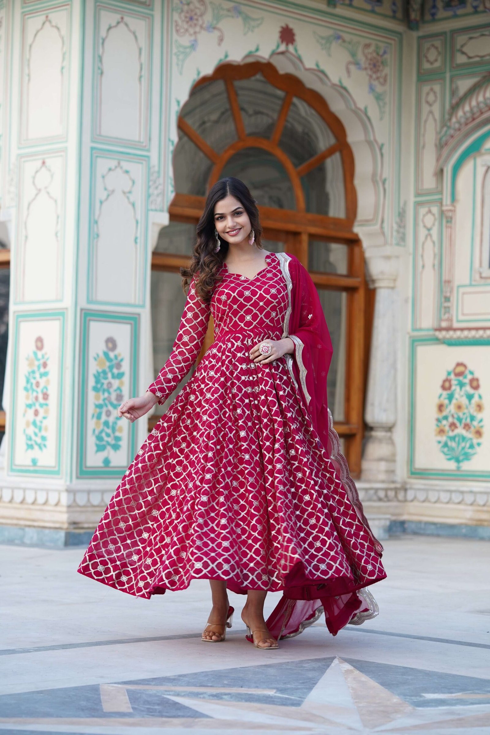 Pink Faux Blooming Designer Gown with Sequined Dupatta ? Elegant Fully Flared Party & Wedding Set - Image 7