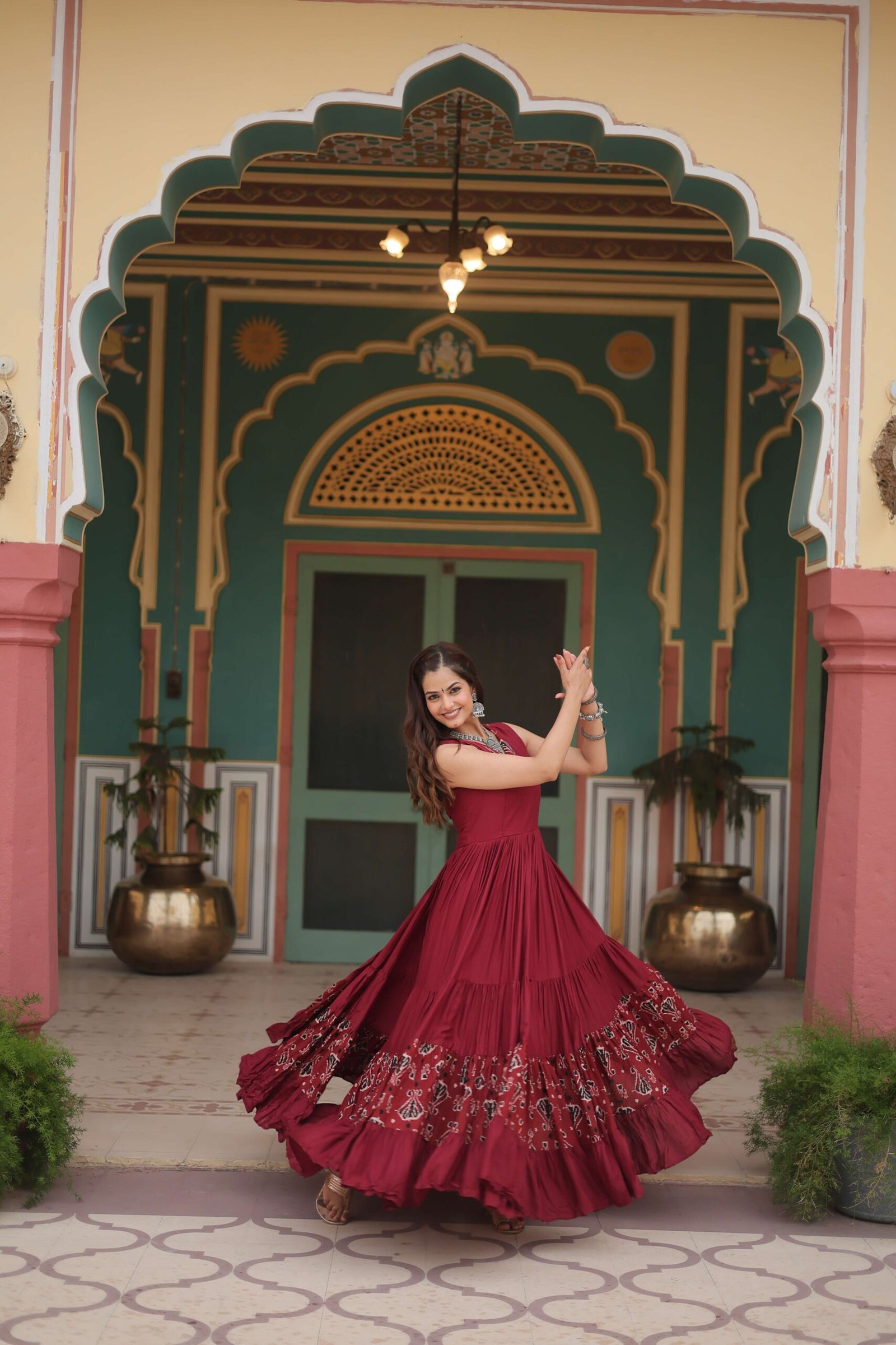 Maroon Designer Heavy Reyon Gown with Printed Frill & Fancy V-Neck - Image 5