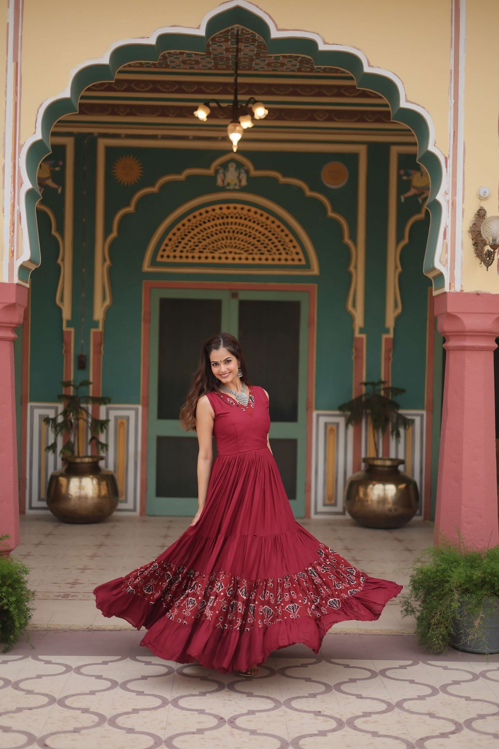 Maroon Designer Heavy Reyon Gown with Printed Frill & Fancy V-Neck - Image 8