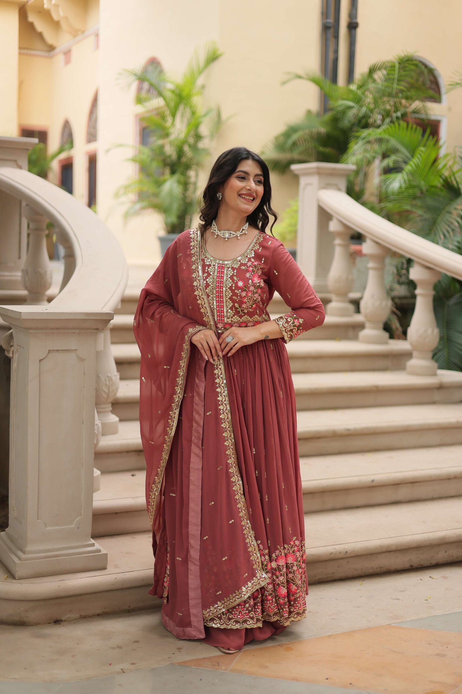 Coffee Faux Georgette Sequins Embroidered Kurti with Sharara & Dupatta Set - Image 3